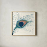 Peacock Feather I Blue by Miranda Thomas. Shown in a natural wood glass frame for a timeless modern aesthetic. Available as an archival giclee rolled canvas, fine art paper, or poster print. SKU 56866a.