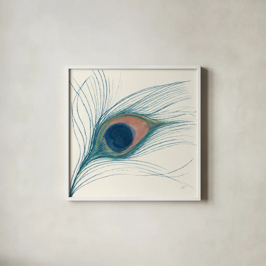 Peacock Feather I Blue by Miranda Thomas. Shown in a crisp white glass frame for a clean and minimalist style. Available as an archival giclee rolled canvas, fine art paper, or poster print. SKU 56866a.