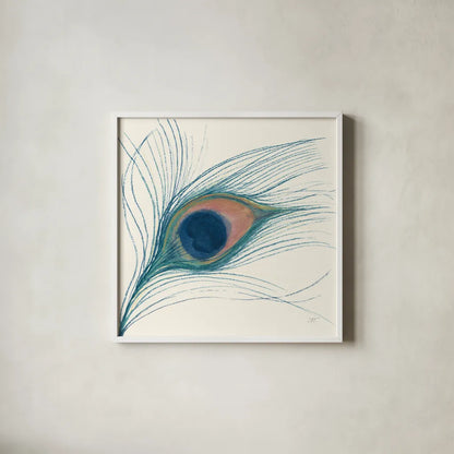 Peacock Feather I Blue by Miranda Thomas. Shown in a crisp white glass frame for a clean and minimalist style. Available as an archival giclee rolled canvas, fine art paper, or poster print. SKU 56866a.