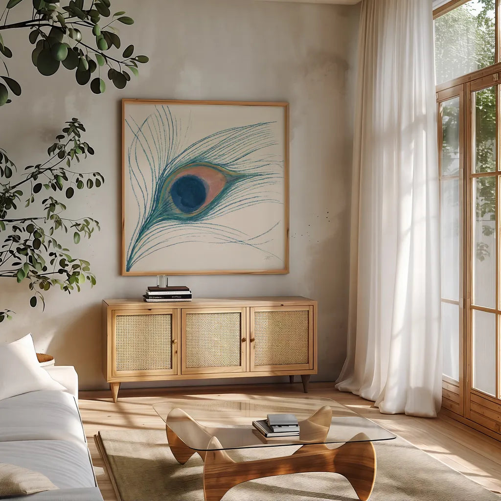 Peacock Feather I Blue by Miranda Thomas. Shown in a natural wood frame in a cozy modern living room. Available as an archival giclee rolled canvas, fine art paper, or poster print. SKU 56866a.