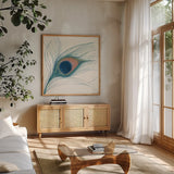 Peacock Feather I Blue by Miranda Thomas. Shown in a natural wood frame in a cozy modern living room. Available as an archival giclee rolled canvas, fine art paper, or poster print. SKU 56866a.