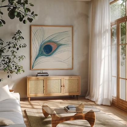 Peacock Feather I Blue by Miranda Thomas. Shown in a natural wood frame in a cozy modern living room. Available as an archival giclee rolled canvas, fine art paper, or poster print. SKU 56866a.