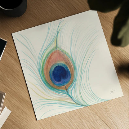 Peacock Feather II by Miranda Thomas. Shown as a detailed flat fine art print, highlighting archival giclee quality. Available as an archival giclee rolled canvas, fine art paper, or poster print. SKU 46191a.
