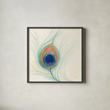 Peacock Feather II by Miranda Thomas. Shown in a sleek black glass frame for a contemporary gallery look. Available as an archival giclee rolled canvas, fine art paper, or poster print. SKU 46191a.
