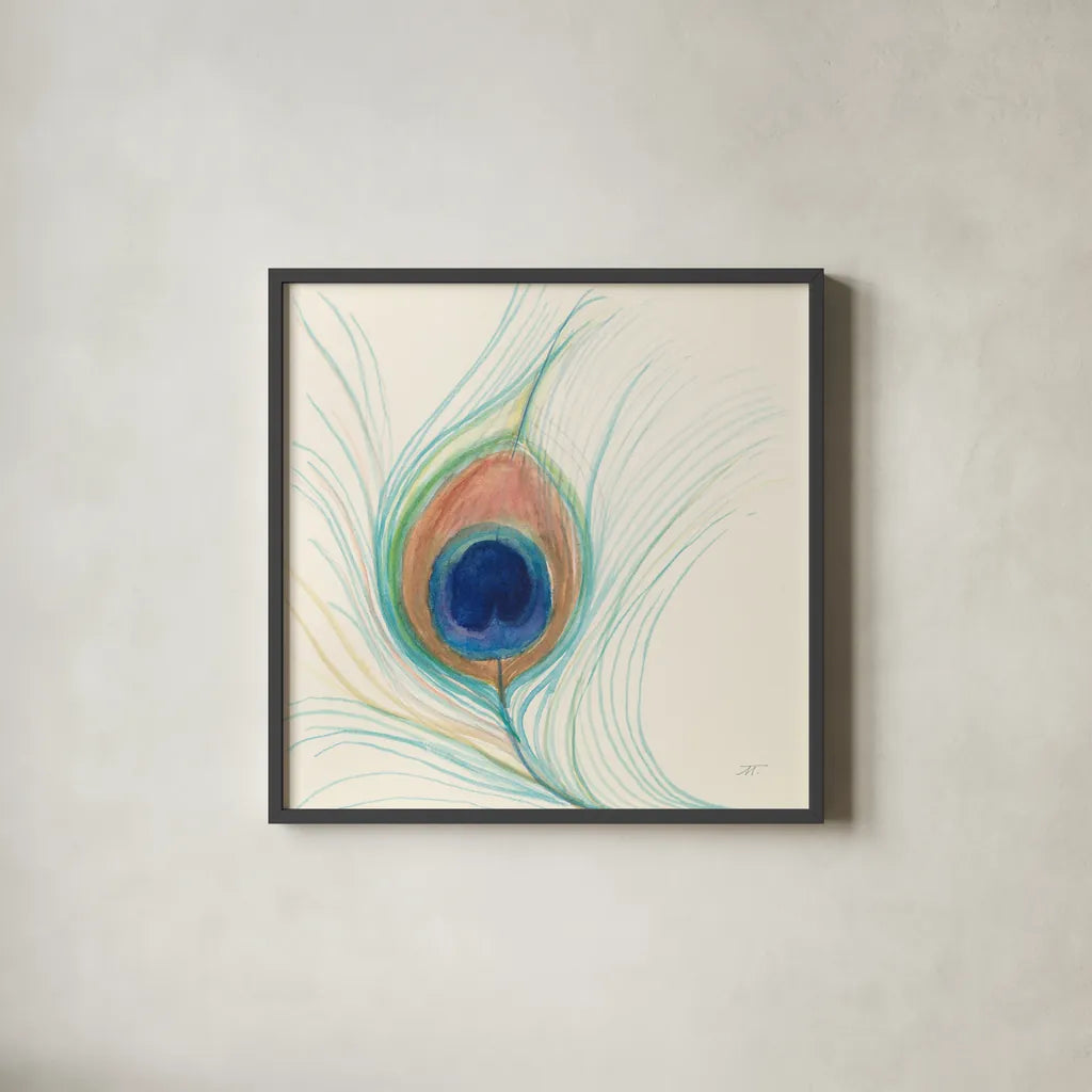 Peacock Feather II by Miranda Thomas. Shown in a sleek black glass frame for a contemporary gallery look. Available as an archival giclee rolled canvas, fine art paper, or poster print. SKU 46191a.