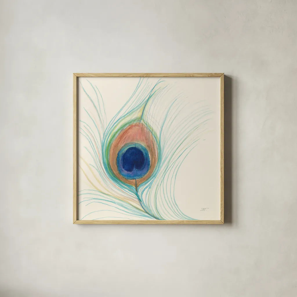 Peacock Feather II by Miranda Thomas. Shown in a natural wood glass frame for a timeless modern aesthetic. Available as an archival giclee rolled canvas, fine art paper, or poster print. SKU 46191a.