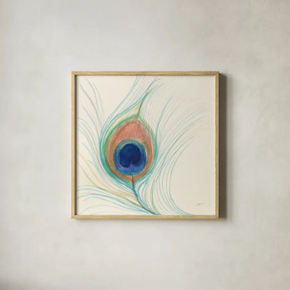Peacock Feather II by Miranda Thomas. Shown in a natural wood glass frame for a timeless modern aesthetic. Available as an archival giclee rolled canvas, fine art paper, or poster print. SKU 46191a.