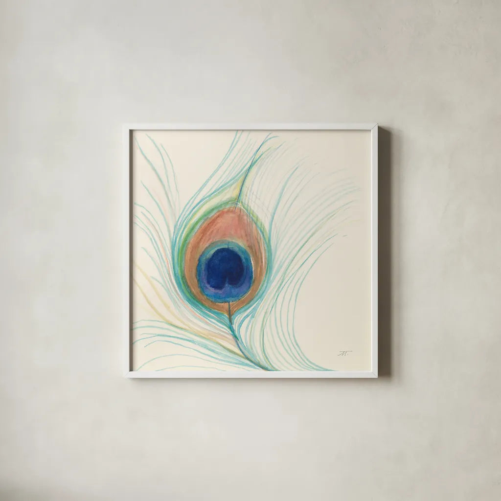 Peacock Feather II by Miranda Thomas. Shown in a crisp white glass frame for a clean and minimalist style. Available as an archival giclee rolled canvas, fine art paper, or poster print. SKU 46191a.