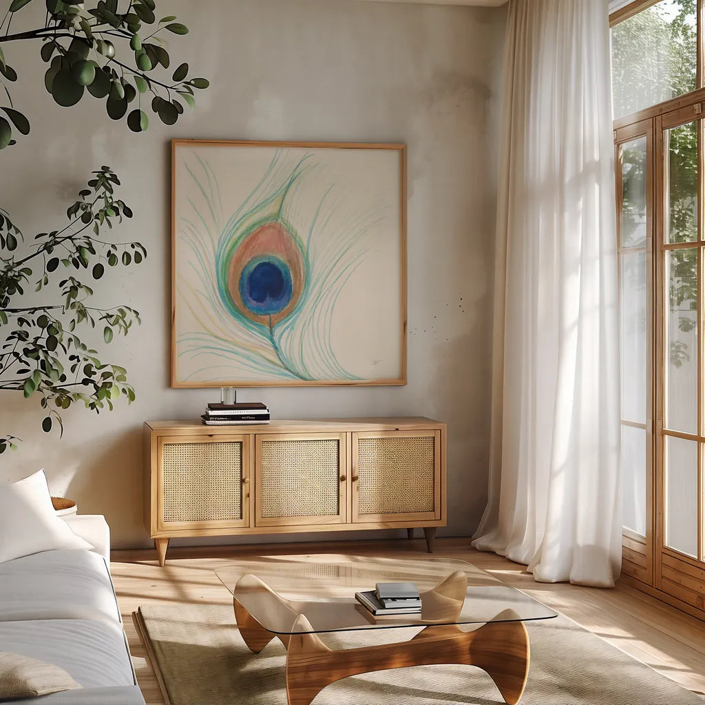 Peacock Feather II by Miranda Thomas. Shown in a natural wood frame in a cozy modern living room. Available as an archival giclee rolled canvas, fine art paper, or poster print. SKU 46191a.