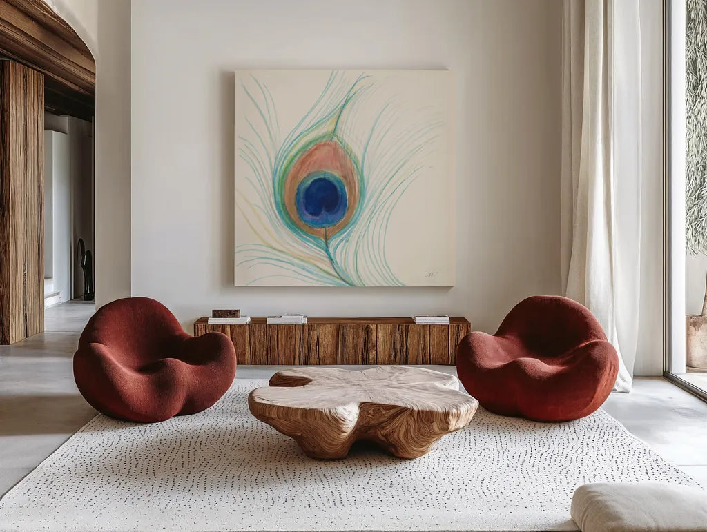 Peacock Feather II by Miranda Thomas. Shown as extra-large giant wall art in a modern living room. Available as an archival giclee rolled canvas, fine art paper, or poster print. SKU 46191a.