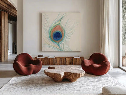 Peacock Feather II by Miranda Thomas. Shown as extra-large giant wall art in a modern living room. Available as an archival giclee rolled canvas, fine art paper, or poster print. SKU 46191a.