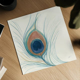 Peacock Feather II Blue by Miranda Thomas. Shown as a detailed flat fine art print, highlighting archival giclee quality. Available as an archival giclee rolled canvas, fine art paper, or poster print. SKU 56867a.