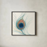 Peacock Feather II Blue by Miranda Thomas. Shown in a sleek black glass frame for a contemporary gallery look. Available as an archival giclee rolled canvas, fine art paper, or poster print. SKU 56867a.