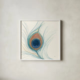 Peacock Feather II Blue by Miranda Thomas. Shown in a crisp white glass frame for a clean and minimalist style. Available as an archival giclee rolled canvas, fine art paper, or poster print. SKU 56867a.
