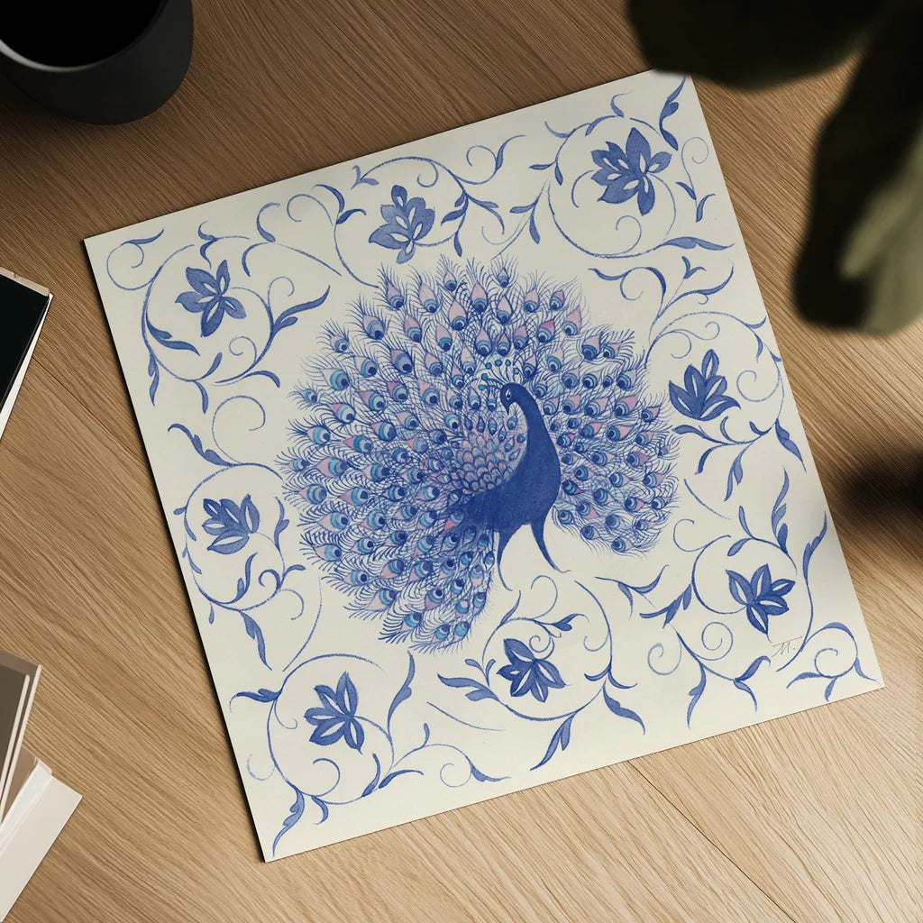 Peacock Garden I by Miranda Thomas. Shown as a detailed flat fine art print, highlighting archival giclee quality. Available as an archival giclee rolled canvas, fine art paper, or poster print. SKU 46192a.