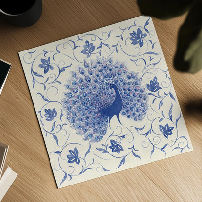 Peacock Garden I by Miranda Thomas. Shown as a detailed flat fine art print, highlighting archival giclee quality. Available as an archival giclee rolled canvas, fine art paper, or poster print. SKU 46192a.