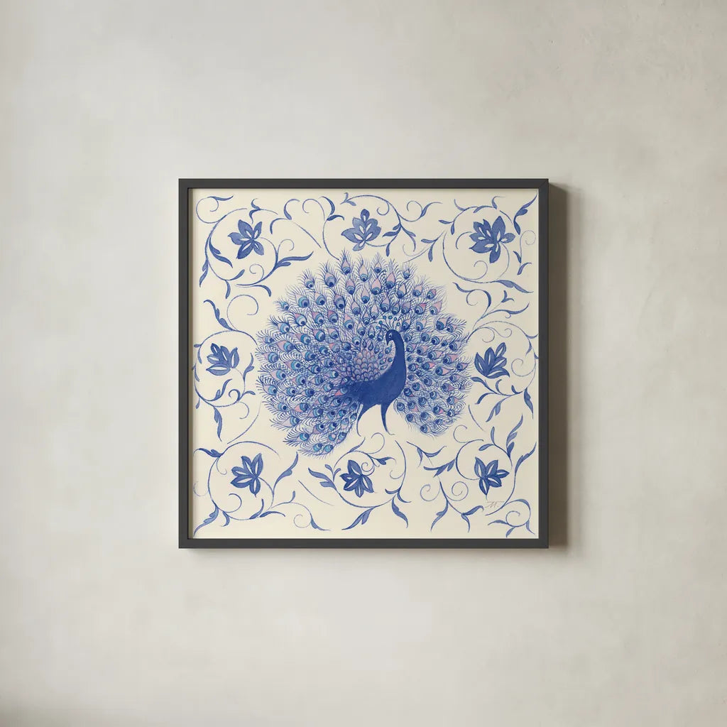 Peacock Garden I by Miranda Thomas. Shown in a sleek black glass frame for a contemporary gallery look. Available as an archival giclee rolled canvas, fine art paper, or poster print. SKU 46192a.