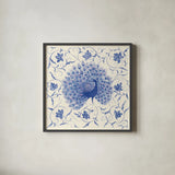 Peacock Garden I by Miranda Thomas. Shown in a sleek black glass frame for a contemporary gallery look. Available as an archival giclee rolled canvas, fine art paper, or poster print. SKU 46192a.