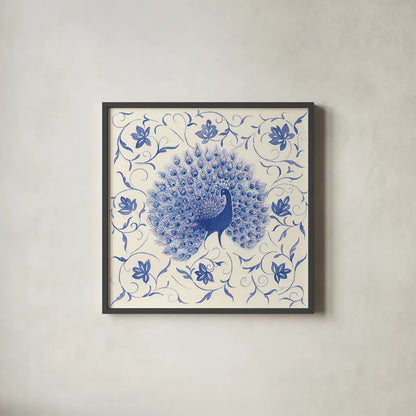 Peacock Garden I by Miranda Thomas. Shown in a sleek black glass frame for a contemporary gallery look. Available as an archival giclee rolled canvas, fine art paper, or poster print. SKU 46192a.