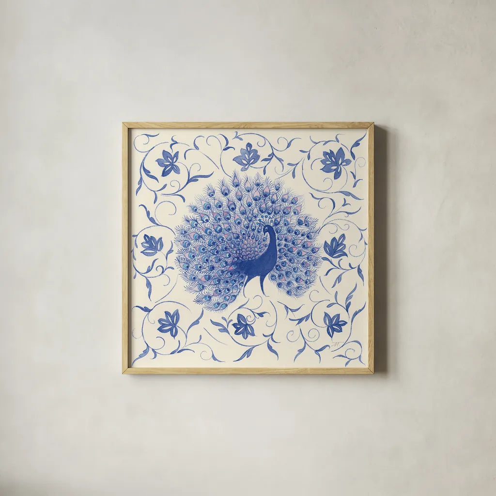 Peacock Garden I by Miranda Thomas. Shown in a natural wood glass frame for a timeless modern aesthetic. Available as an archival giclee rolled canvas, fine art paper, or poster print. SKU 46192a.