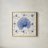 Peacock Garden I by Miranda Thomas. Shown in a natural wood glass frame for a timeless modern aesthetic. Available as an archival giclee rolled canvas, fine art paper, or poster print. SKU 46192a.
