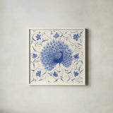 Peacock Garden I by Miranda Thomas. Shown in a crisp white glass frame for a clean and minimalist style. Available as an archival giclee rolled canvas, fine art paper, or poster print. SKU 46192a.