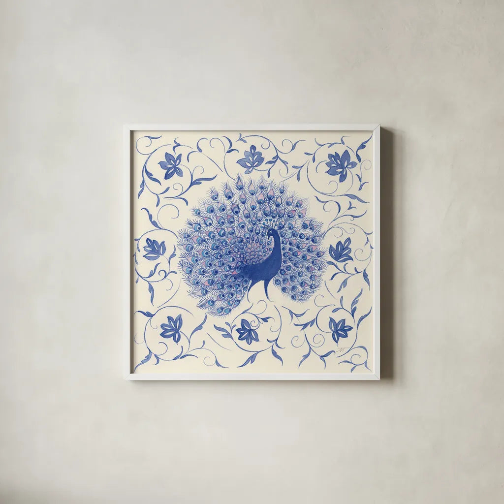 Peacock Garden I by Miranda Thomas. Shown in a crisp white glass frame for a clean and minimalist style. Available as an archival giclee rolled canvas, fine art paper, or poster print. SKU 46192a.