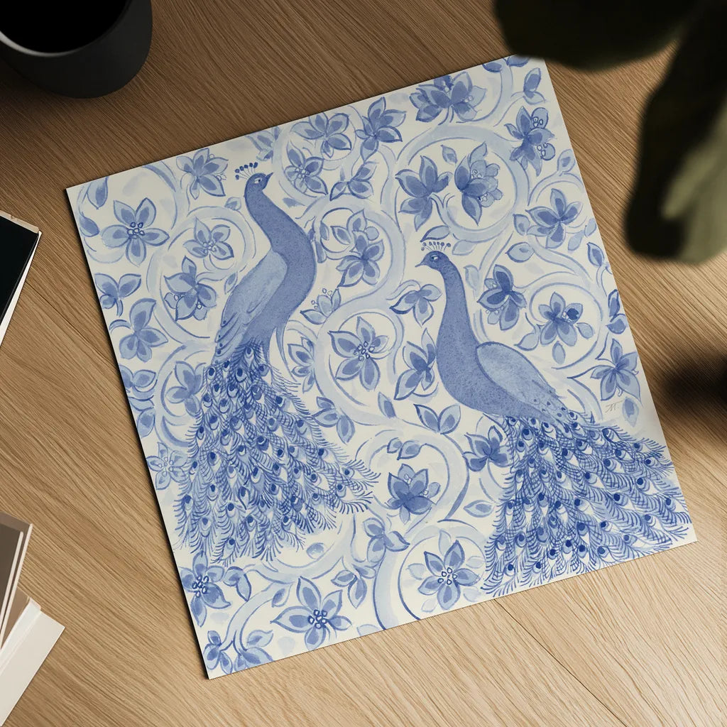 Peacock Garden II by Miranda Thomas. Shown as a detailed flat fine art print, highlighting archival giclee quality. Available as an archival giclee rolled canvas, fine art paper, or poster print. SKU 46193a.