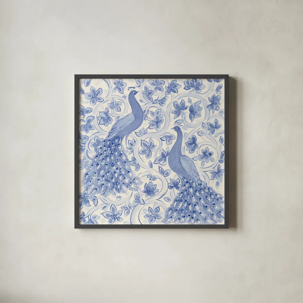 Peacock Garden II by Miranda Thomas. Shown in a sleek black glass frame for a contemporary gallery look. Available as an archival giclee rolled canvas, fine art paper, or poster print. SKU 46193a.