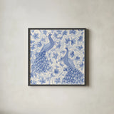 Peacock Garden II by Miranda Thomas. Shown in a sleek black glass frame for a contemporary gallery look. Available as an archival giclee rolled canvas, fine art paper, or poster print. SKU 46193a.