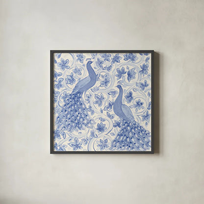 Peacock Garden II by Miranda Thomas. Shown in a sleek black glass frame for a contemporary gallery look. Available as an archival giclee rolled canvas, fine art paper, or poster print. SKU 46193a.