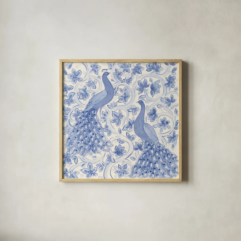 Peacock Garden II by Miranda Thomas. Shown in a natural wood glass frame for a timeless modern aesthetic. Available as an archival giclee rolled canvas, fine art paper, or poster print. SKU 46193a.