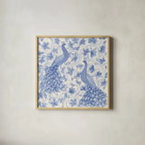 Peacock Garden II by Miranda Thomas. Shown in a natural wood glass frame for a timeless modern aesthetic. Available as an archival giclee rolled canvas, fine art paper, or poster print. SKU 46193a.