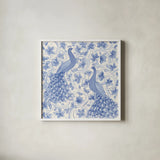 Peacock Garden II by Miranda Thomas. Shown in a crisp white glass frame for a clean and minimalist style. Available as an archival giclee rolled canvas, fine art paper, or poster print. SKU 46193a.