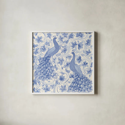 Peacock Garden II by Miranda Thomas. Shown in a crisp white glass frame for a clean and minimalist style. Available as an archival giclee rolled canvas, fine art paper, or poster print. SKU 46193a.