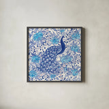 Peacock Garden III by Miranda Thomas. Shown in a sleek black glass frame for a contemporary gallery look. Available as an archival giclee rolled canvas, fine art paper, or poster print. SKU 46194a.