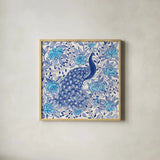 Peacock Garden III by Miranda Thomas. Shown in a natural wood glass frame for a timeless modern aesthetic. Available as an archival giclee rolled canvas, fine art paper, or poster print. SKU 46194a.