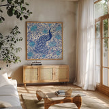 Peacock Garden III by Miranda Thomas. Shown in a natural wood frame in a cozy modern living room. Available as an archival giclee rolled canvas, fine art paper, or poster print. SKU 46194a.
