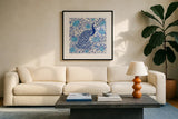 Peacock Garden III by Miranda Thomas. Displayed in a glass frame with matte in a clean modern living room. Available as an archival giclee rolled canvas, fine art paper, or poster print. SKU 46194a.