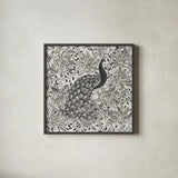 Peacock Garden III BW by Miranda Thomas. Shown in a sleek black glass frame for a contemporary gallery look. Available as an archival giclee rolled canvas, fine art paper, or poster print. SKU 73117a.