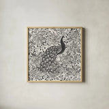 Peacock Garden III BW by Miranda Thomas. Shown in a natural wood glass frame for a timeless modern aesthetic. Available as an archival giclee rolled canvas, fine art paper, or poster print. SKU 73117a.