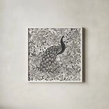 Peacock Garden III BW by Miranda Thomas. Shown in a crisp white glass frame for a clean and minimalist style. Available as an archival giclee rolled canvas, fine art paper, or poster print. SKU 73117a.