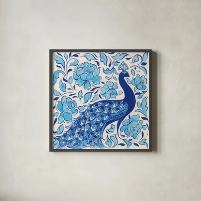Peacock Garden IV by Miranda Thomas. Shown in a sleek black glass frame for a contemporary gallery look. Available as an archival giclee rolled canvas, fine art paper, or poster print. SKU 46195a.