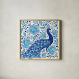 Peacock Garden IV by Miranda Thomas. Shown in a natural wood glass frame for a timeless modern aesthetic. Available as an archival giclee rolled canvas, fine art paper, or poster print. SKU 46195a.