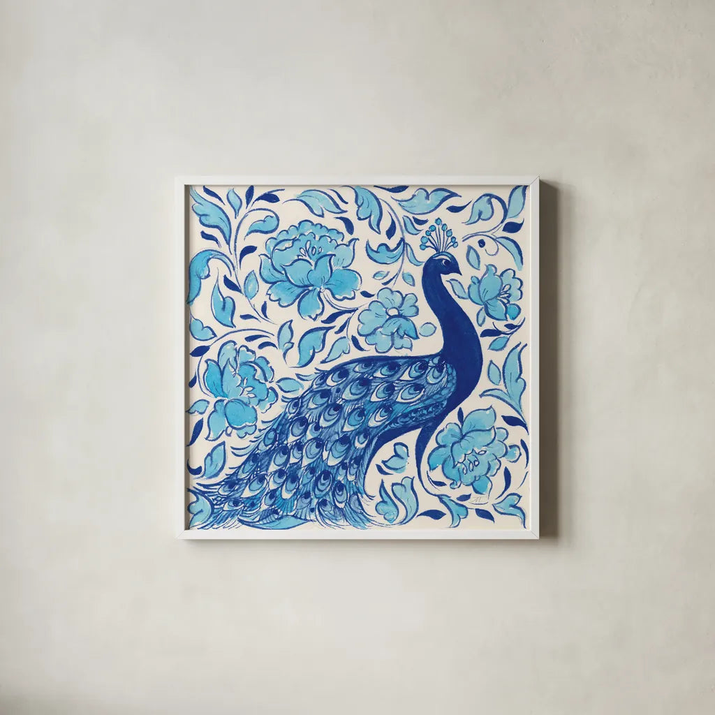 Peacock Garden IV by Miranda Thomas. Shown in a crisp white glass frame for a clean and minimalist style. Available as an archival giclee rolled canvas, fine art paper, or poster print. SKU 46195a.