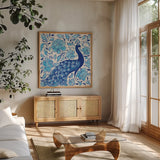 Peacock Garden IV by Miranda Thomas. Shown in a natural wood frame in a cozy modern living room. Available as an archival giclee rolled canvas, fine art paper, or poster print. SKU 46195a.
