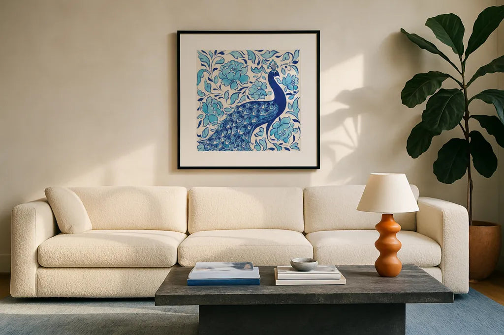 Peacock Garden IV by Miranda Thomas. Displayed in a glass frame with matte in a clean modern living room. Available as an archival giclee rolled canvas, fine art paper, or poster print. SKU 46195a.