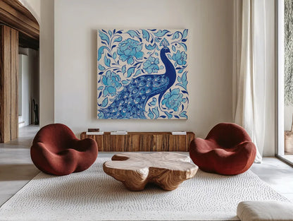Peacock Garden IV by Miranda Thomas. Shown as extra-large giant wall art in a modern living room. Available as an archival giclee rolled canvas, fine art paper, or poster print. SKU 46195a.