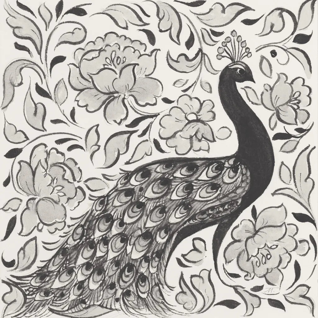 Peacock Garden IV BW by Miranda Thomas. SKU 73118a. Archival Giclee Fine art print for wall decor.
