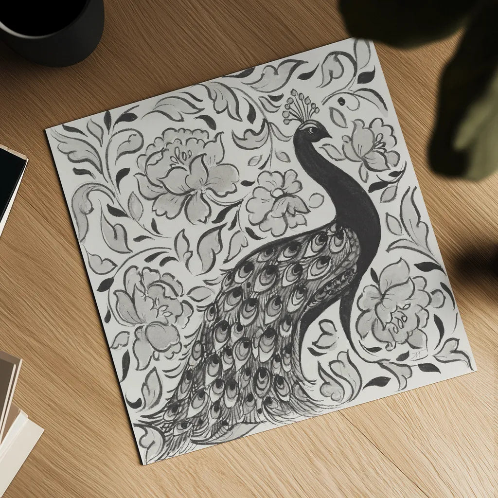 Peacock Garden IV BW by Miranda Thomas. Shown as a detailed flat fine art print, highlighting archival giclee quality. Available as an archival giclee rolled canvas, fine art paper, or poster print. SKU 73118a.